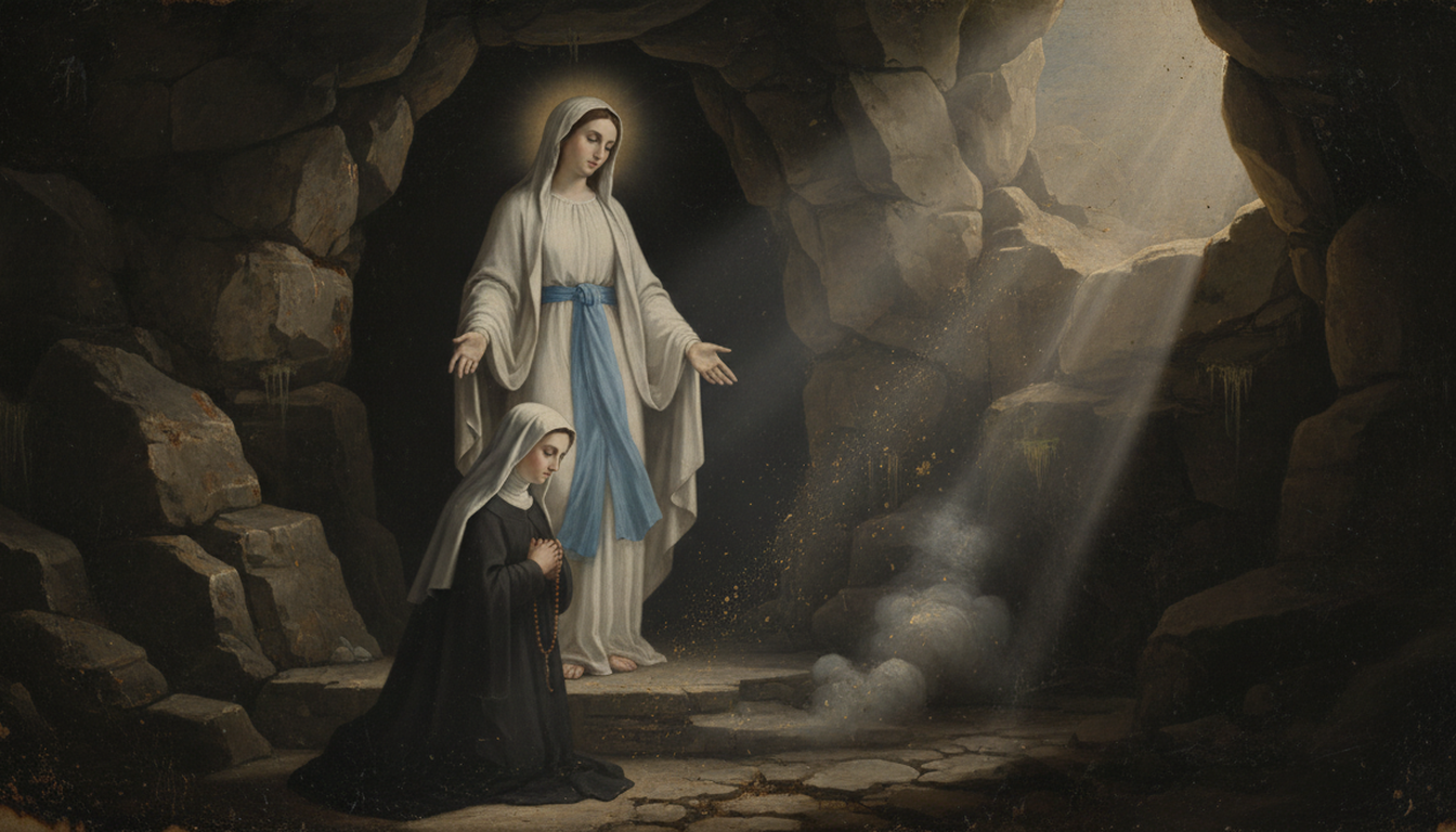 La Vergine vestita di bianco appare nella nicchia della grotta a Bernadette inginocchiata col rosario