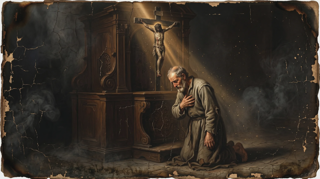 An old bearded man kneeling with his hand on his chest before a wooden altar bearing a crucifix, smoke rising