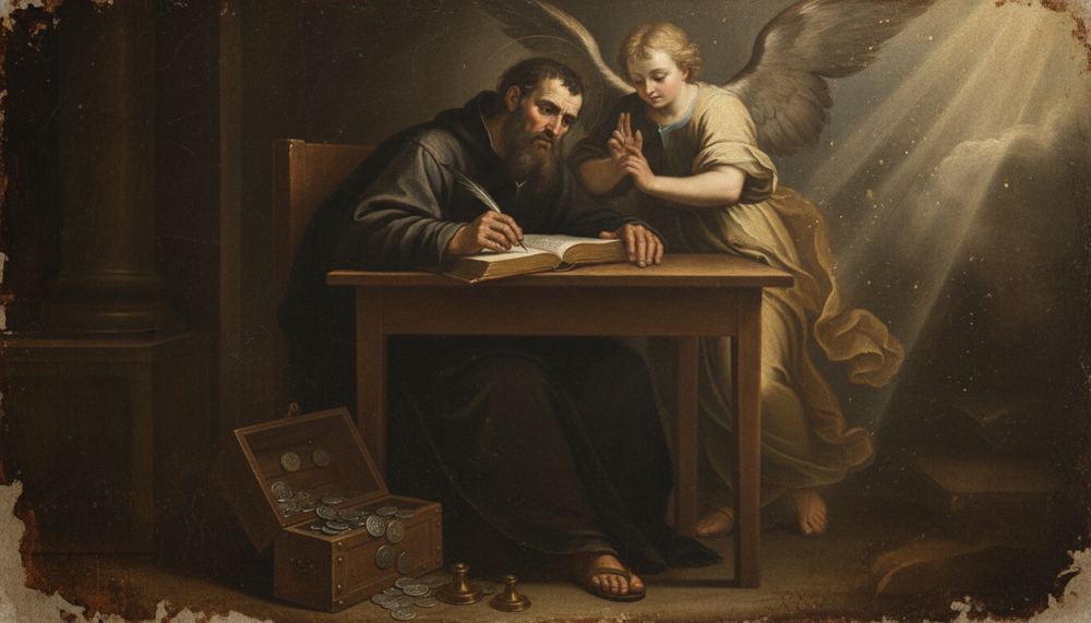 St Matthew as a bearded evangelist writing at a desk guided by a winged angel, a coin chest below