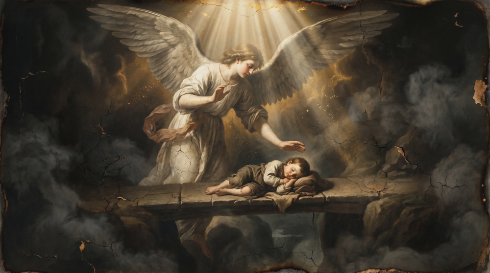 Anjo da guarda velando duas crianças que dormem sobre uma tábua, feixe de luz rompendo as nuvens
