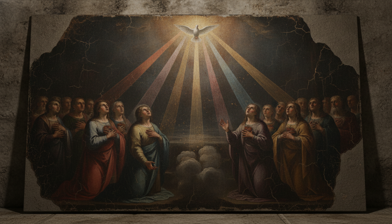 La colomba dello Spirito Santo irradia sette raggi di luce, simbolo dei sette doni, verso i cuori aperti