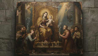 Nossa Senhora de Nazaré entronizada em painel dourado com o Menino, fiéis ajoelhados e velas ao redor