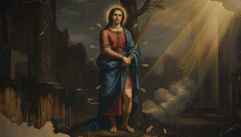 São Sebastião, jovem de auréola segurando uma palma, trespassado por flechas, junto a uma árvore em meio a ruínas
