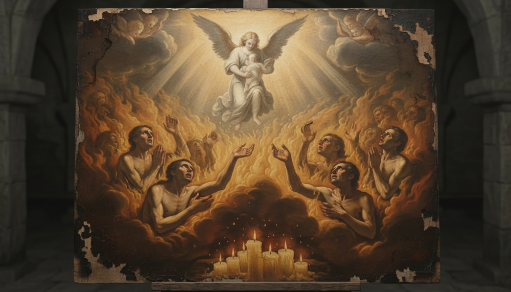 Devotional painting of an angel bearing a soul upward from the flames as figures reach up amid candlelight