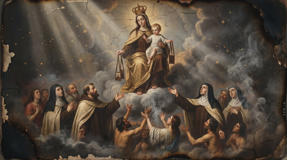 La Madonna del Carmine coronata con il Bambino porge gli scapolari sopra le nubi, mentre figure protendono le mani