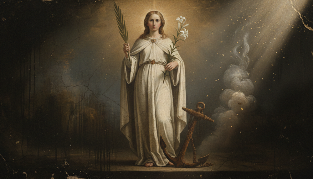 Santa Filomena auréolada, de manto branco, segura palma e lírio ao lado de uma âncora enferrujada em meio à névoa