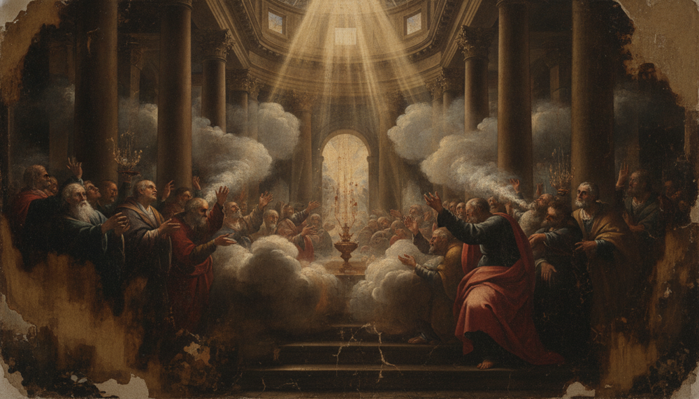 Foule de figures en robe levant les mains vers des rais de lumière, sous une coupole à colonnes