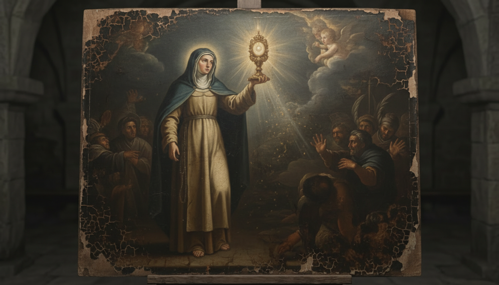 Santa Chiara, monaca velata, innalza un ostensorio raggiante mentre alcune figure si ritraggono in una cripta a volta