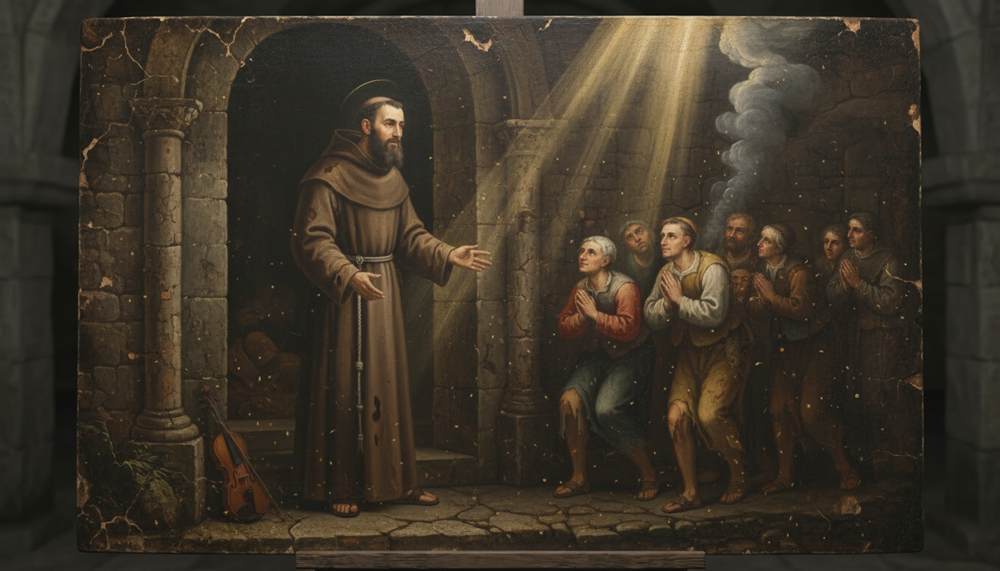 A bearded friar in a brown habit gestures toward a group of kneeling, praying men in a stone vaulted interior