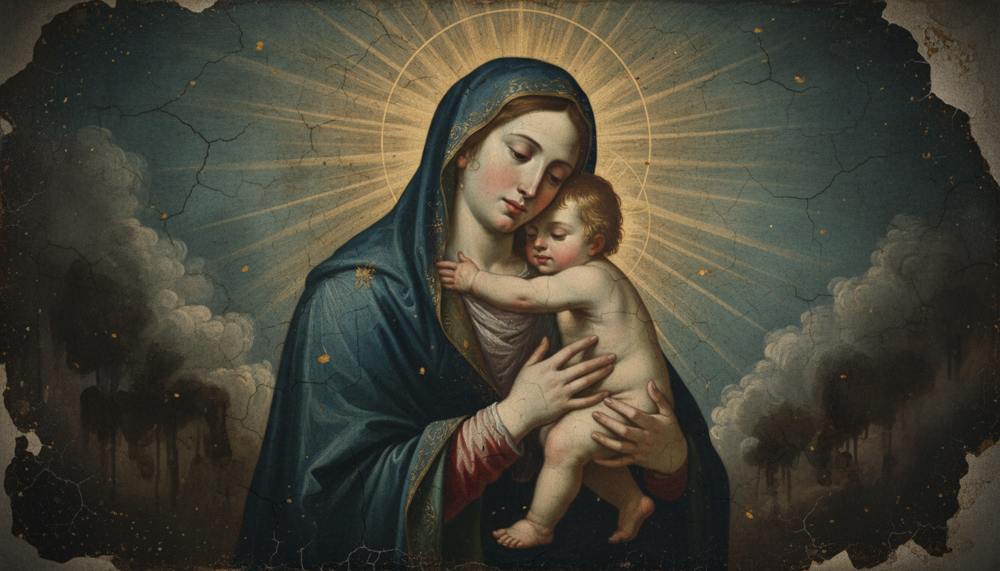 Cracked panel of the veiled Virgin in blue tenderly embracing the haloed Christ Child, cheek to cheek