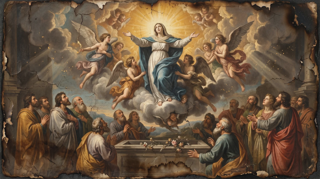 Our Lady rises on clouds with cherubs and angels above robed men gathered at a flower-strewn empty tomb