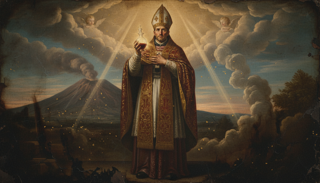 St Januarius as a haloed bishop in mitre holding the reliquary vial of his blood before a smoking volcano