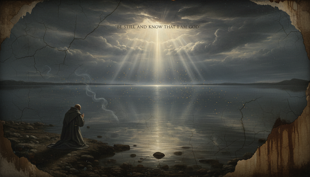 Christian meditation with God: a hooded figure kneels on a rocky lakeshore as light rays break through the clouds over calm water