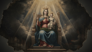 Fiel arrodillado con velas e incienso ante la Virgen y un santo sobre las nubes