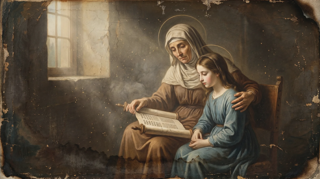 Sant'Ana idosa e auréolada ensina a leitura a uma menina auréolada junto à janela