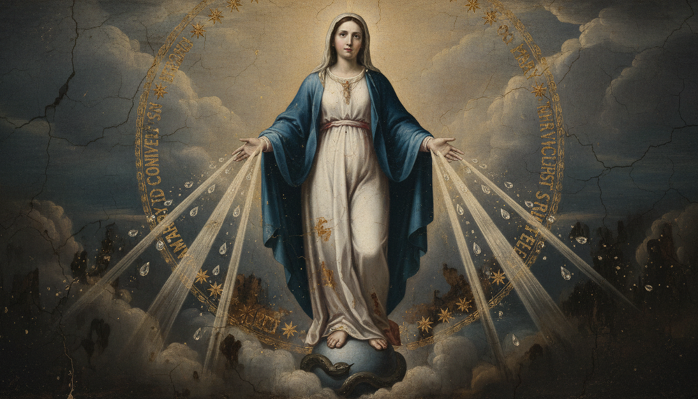 Nossa Senhora de manto azul de braços abertos sobre o globo, entre raios de luz e querubins nas nuvens