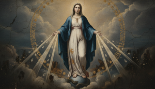 Uma mulher em manto azul de braços abertos sobre o globo, raios de luz e querubins entre as nuvens