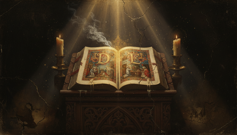 Livro iluminado aberto com iniciais ornadas sobre um atril de madeira entalhada, entre duas velas acesas