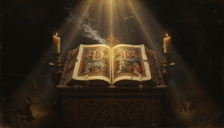 Livro iluminado aberto com iniciais ornadas sobre um atril de madeira entalhada, entre duas velas acesas