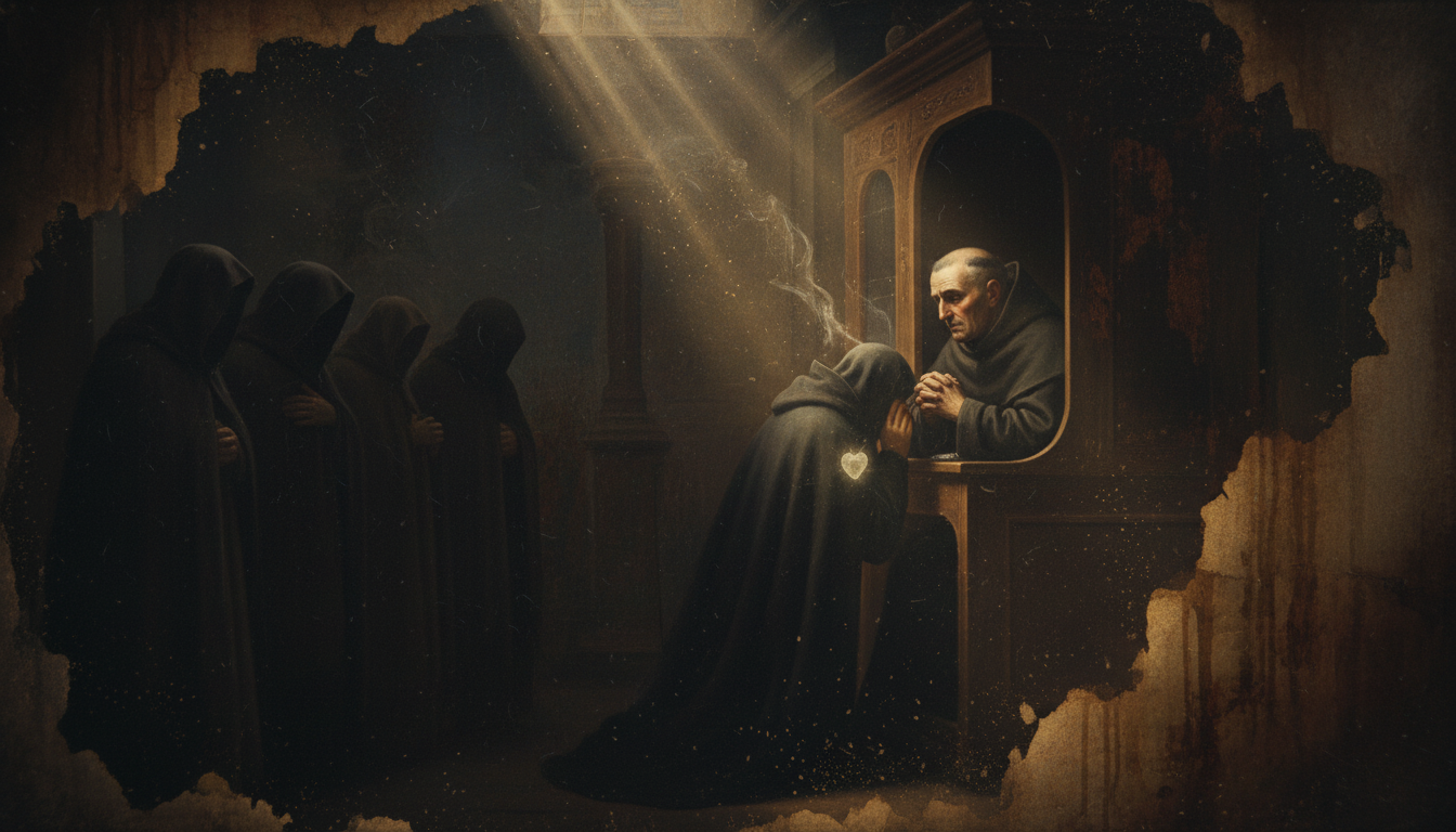 Padre Pio passant de longues journées au confessionnal, lisant les cœurs et ramenant les âmes à Dieu