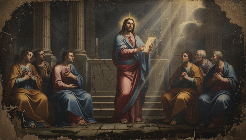 Cristo com auréola, de pé segurando um livro, ensina apóstolos sentados num salão de colunas