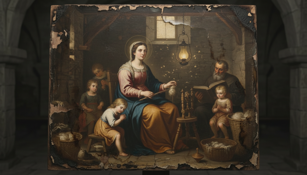 A haloed woman spins thread among her children while a bearded man reads in a worn, cracked domestic interior