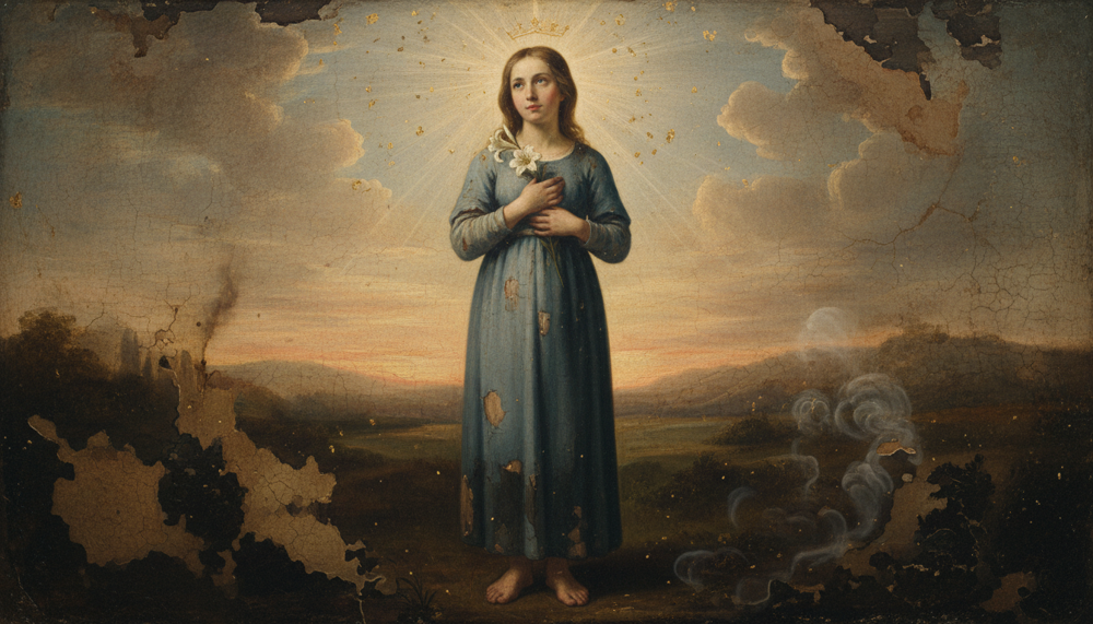 St Maria Goretti as a haloed monk-like figure kneeling with rosary before candles, a crucifix and open book in a stone cell