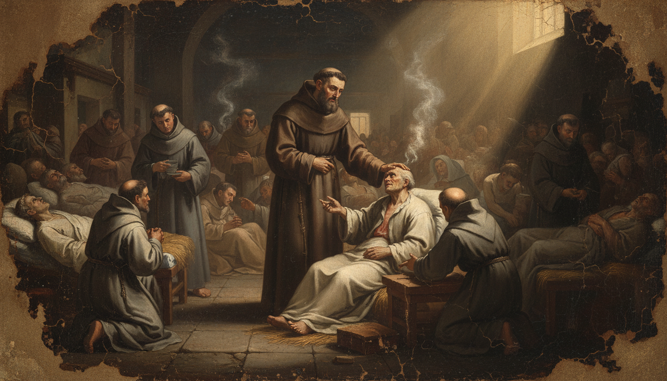 Padre Pio, homme de charité, veillant sur les malades de la Maison-Soulagement de la Souffrance qu'il fonda