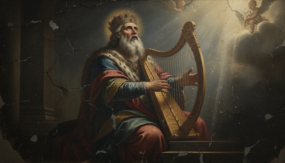 Roi barbu couronné en robe rouge jouant d'une harpe dorée, regard levé vers des chérubins dans la lumière