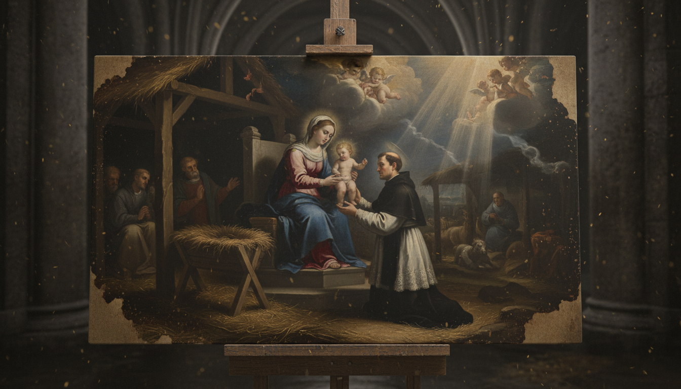 La Virgen pone al Niño Jesús en los brazos de San Cayetano orando ante el pesebre