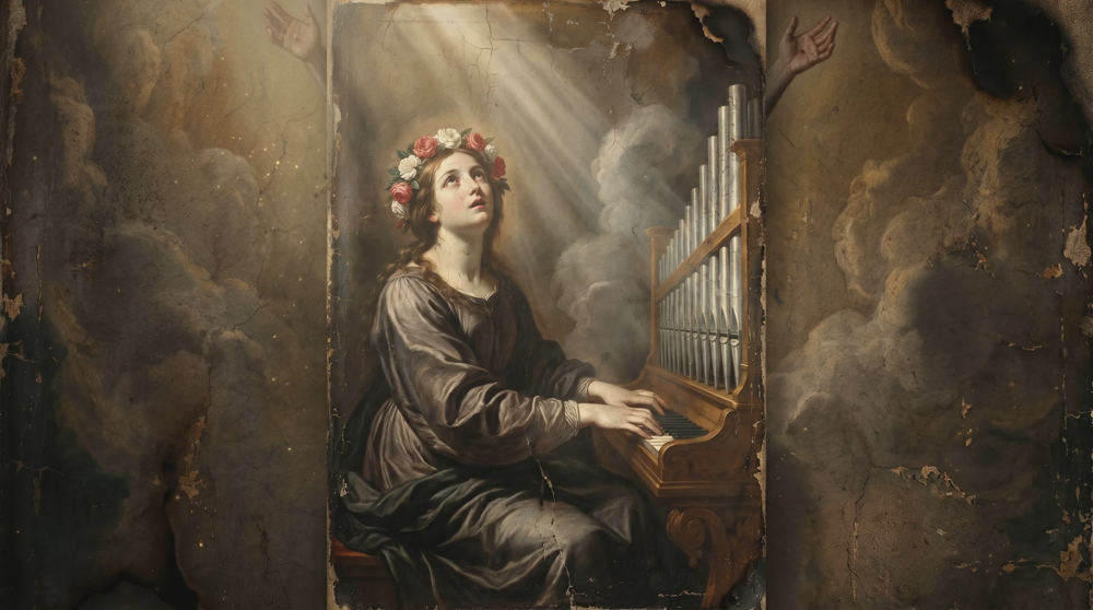 St Cecilia, a flower-crowned young woman playing a pipe organ and gazing upward amid light rays and clouds