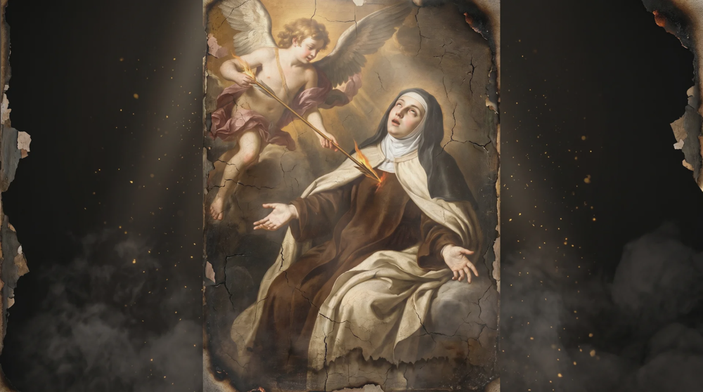 St Teresa of Avila as a seated nun swooning while a winged cherub aims a flaming golden arrow at her heart