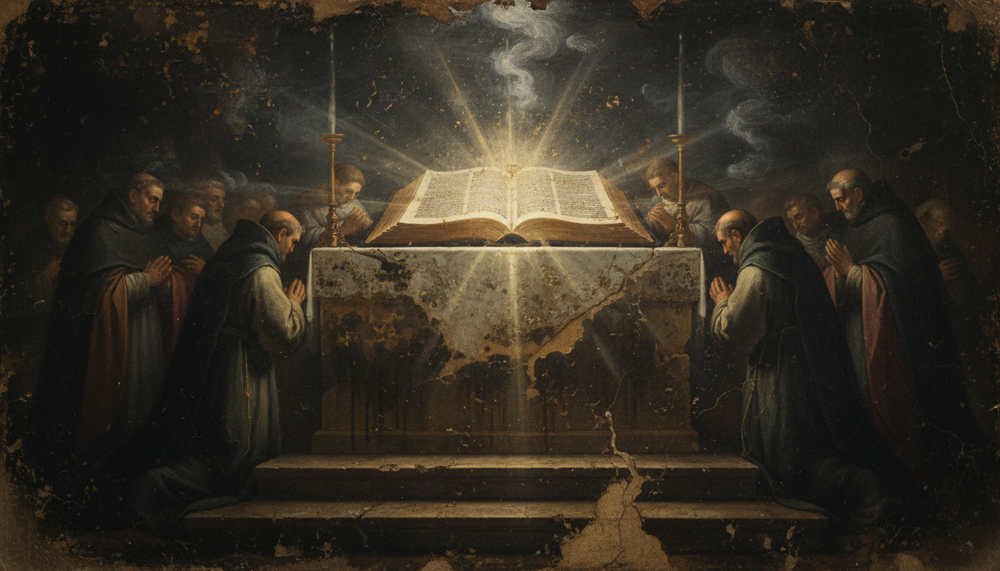 Kapuzenmönche knien betend um einen Altar mit einem leuchtenden offenen Buch zwischen zwei Kerzen