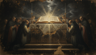 Kapuzenmönche knien betend um einen Altar mit einem leuchtenden offenen Buch zwischen zwei Kerzen