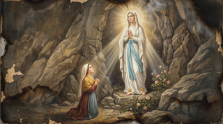 La Madonna in veste bianca e fascia azzurra nella grotta sopra la fanciulla inginocchiata che prega col rosario