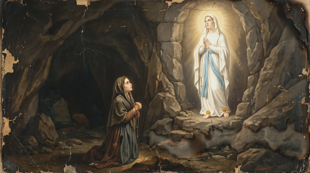 St Bernadette kneeling with her rosary, gazing up at the glowing white-robed Lady in the rocky grotto of Lourdes