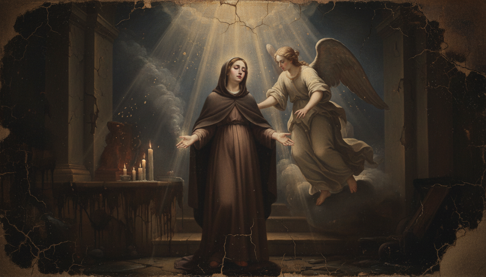 St Gemma Galgani as a veiled woman with open hands beside a winged angel, candles burning in a dim columned interior