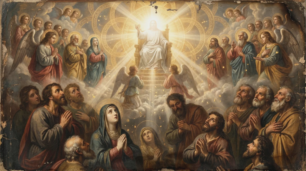 Il Cristo radioso in trono attorniato da angeli alati e apostoli tra le nubi, con figure oranti in basso