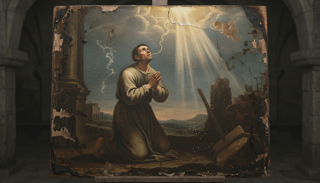 Monge com auréola em hábito escuro reza de joelhos com o terço diante de uma vela, um livro aberto e um crucifixo