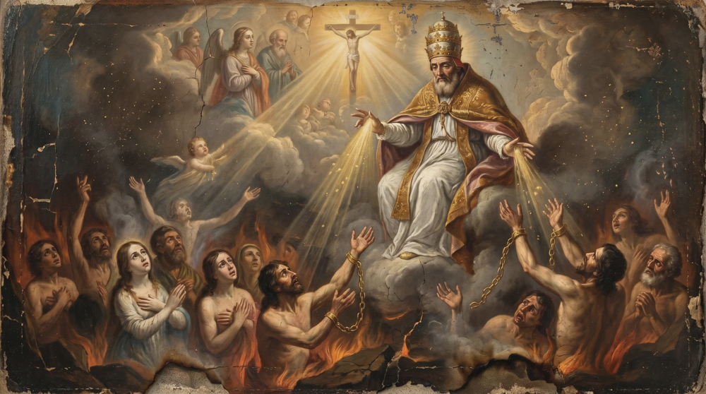 Dipinto: figura pontificia in trono con tiara tra le nuvole, crocifisso in alto, anime con braccia levate tra le fiamme