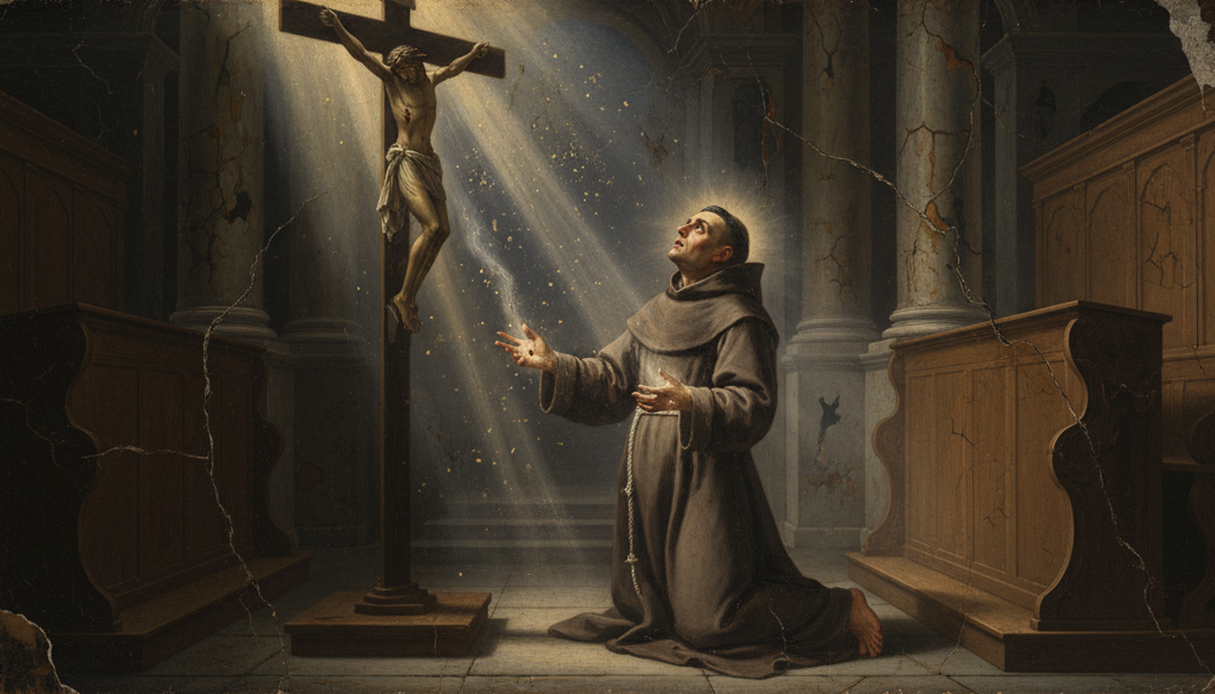 Padre Pio recevant les stigmates devant le crucifix du chœur, les cinq plaies de la Passion s'ouvrant en ses mains, ses pieds et son côté
