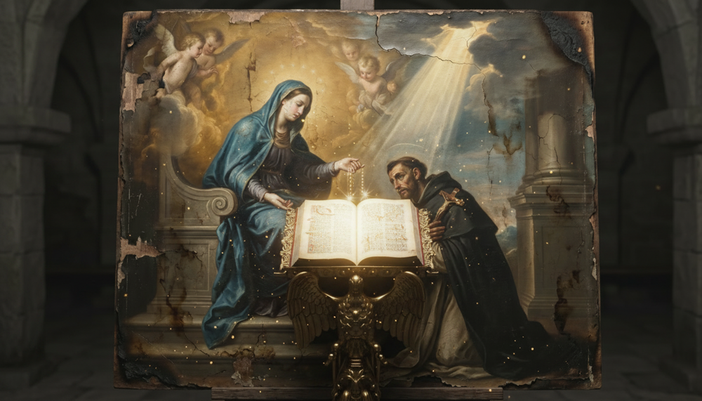 Femme voilée remettant un objet à un homme agenouillé en robe devant un livre ouvert, chérubins et lumière au-dessus