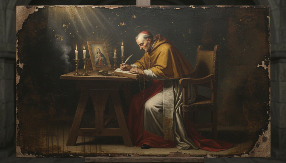 St Alphonsus Liguori, a haloed cleric in yellow robe writing at a wooden table beside candles and a small icon