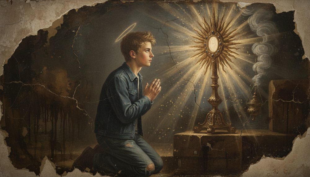Young man in a denim jacket, haloed, kneeling in prayer before a radiant golden monstrance