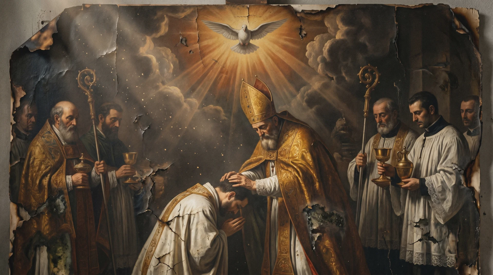 Biskup w mitrze kładzie ręce na głowie klęczącego mężczyzny, duchowni z pastorałami pod promienną gołębicą