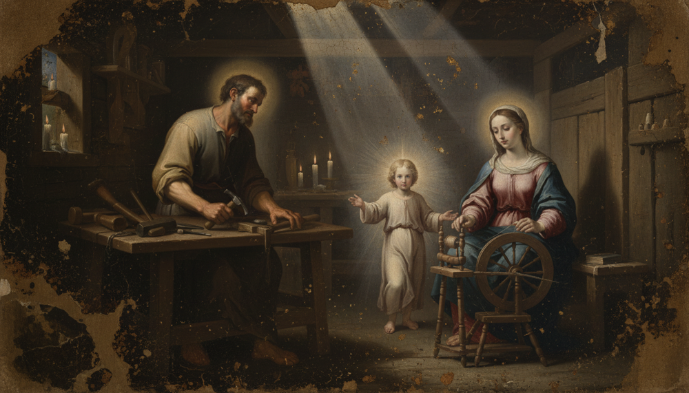 A carpenter at his workbench, the haloed Christ Child, and Mary seated at a spinning wheel in a dim workshop