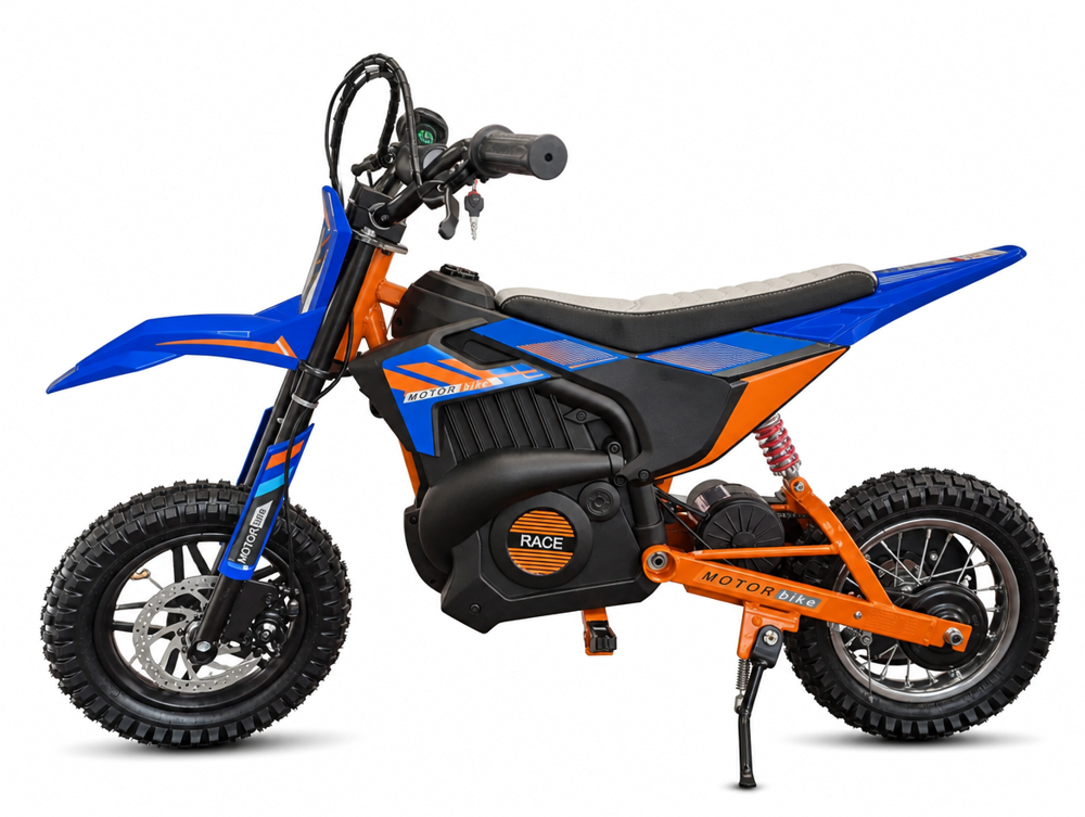 Moto cross X-Bike enfant — pneus crampons et suspension à débattement, détail