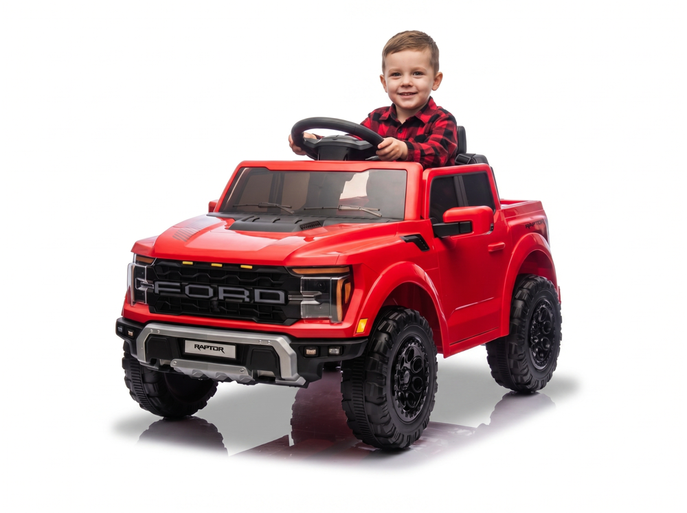 Ford Raptor enfant 12V monoplace rouge, calandre FORD et pneus caoutchouc
