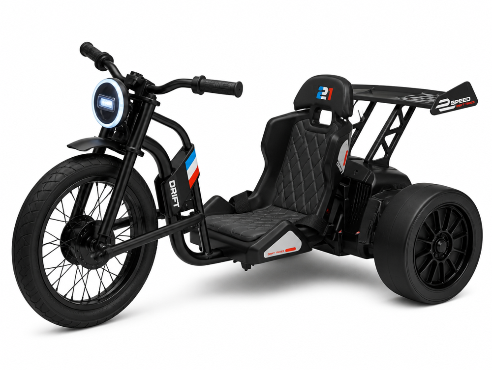 Tricycle drift électrique enfant, roues arrière larges de drift, phare LED