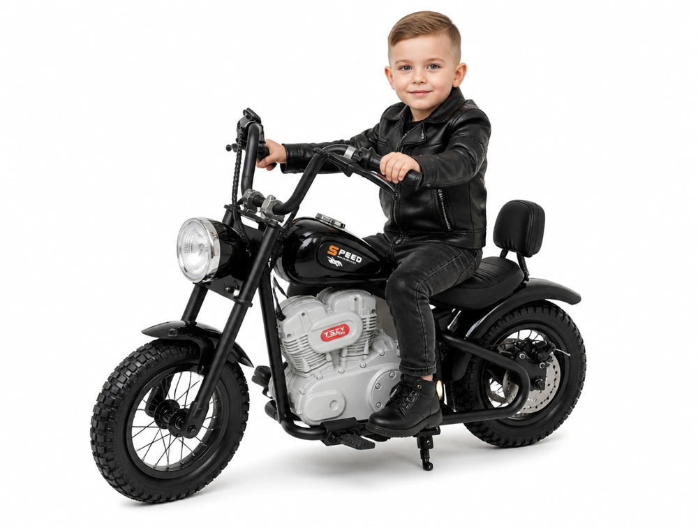Moto chopper électrique enfant — cruiser style Harley, réservoir chromé